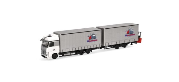 Herpa MB Actros Jumbogardinenplanentandem-Hängerzug mit Stapler "Wilkening"