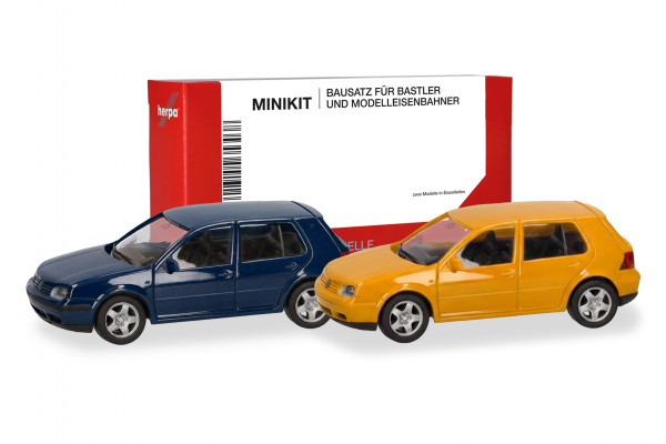 Herpa MiniKit: Volkswagen (VW) Golf IV (4-türig), gelb und blau