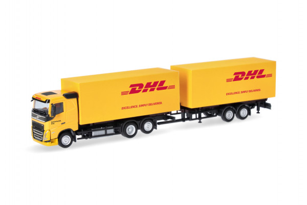 Herpa Volvo FH Flachdach 2020 Wechselkoffertandem-Hängerzug "DHL"