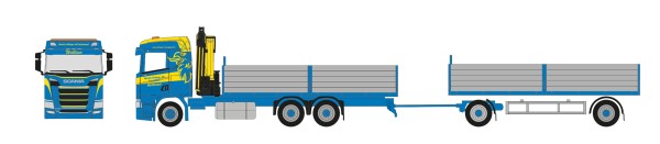Herpa Scania CR 20 Niedrigdach Pritschen-Hängerzug mit Ladekran "Martin Wittwer" (CH)