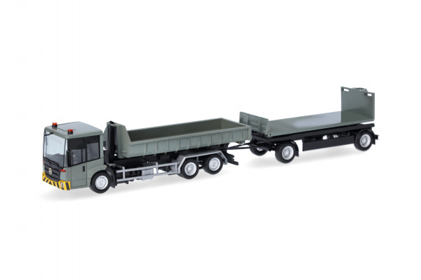 Herpa Mercedes-Benz Econic Wechsellader-Hängerzug mit flacher Mulde und Flat, grau-gelb