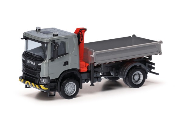 Herpa Scania XT17 3-Seitenkipper mit Ladekran grau/gelb