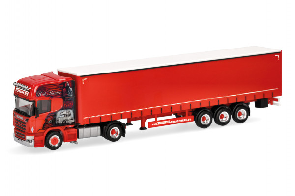 Herpa Scania R 09 Topline Gardinenplanen-Sattelzug "Ralf Tombers Transporte/Red Hunter"