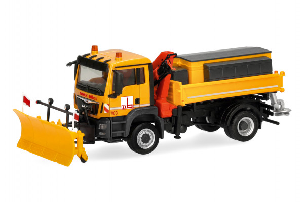 Herpa MAN TGS M Euro6c Dreiseitenkipper 2achs mit Kran/Winterdienst "Max Bögl"