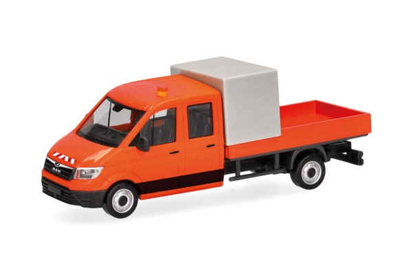 Herpa MAN TGE DoKa mit Pr. und Halbpl. Baustellenabsicherung kommunalorange