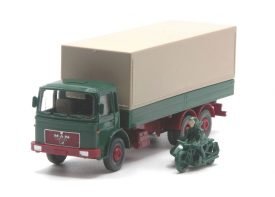 Wiking-Werbe: MAN 22.321 FNL Pr.-LKW m. Holzladung + Motorrad m. Beiwagen