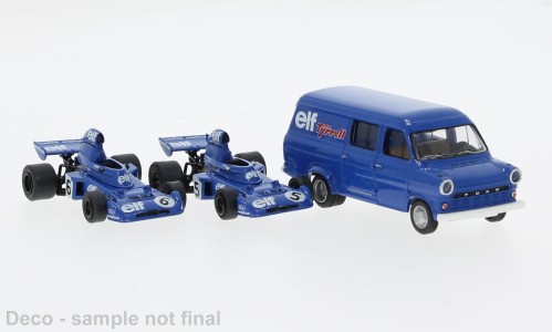 Brekina Set "Tyrrell 006" aus 1973 mit 2 Rennwagen und Ford Transit