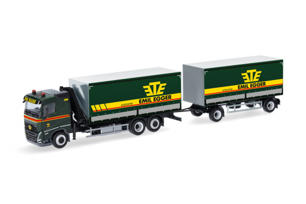 Herpa Volvo FH 2020 Flachdach Planen-Hängerzug mit Kran "Emil Egger" (CH)